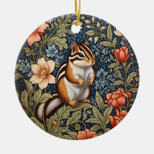Cute Chipmunk William Morris Inspired Blommigt Julgransprydnad Keramik (Framsidan)