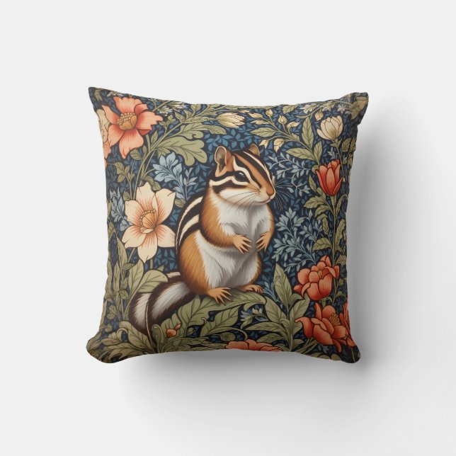 Cute Chipmunk William Morris Inspired Blommigt Kudde (Framsida)