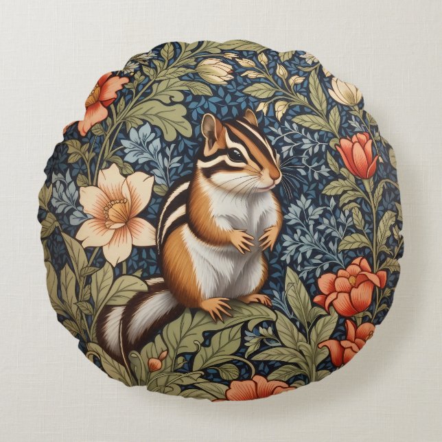 Cute Chipmunk William Morris Inspired Blommigt Rund Kudde (Framsidan)