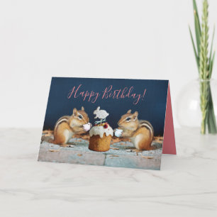 Cute Chipmunks Sharing Birthday Cake and Coffee Kort