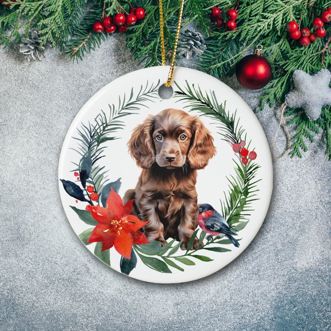 Cute Chocolate Cocker Spain Puppy Poinsettia Julgransprydnad Keramik (Skapare uppladdad)