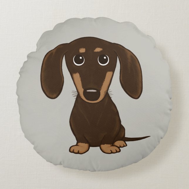 Cute Chocolate Dachshund | Wiener-Hund för Tecknad Rund Kudde (Framsidan)