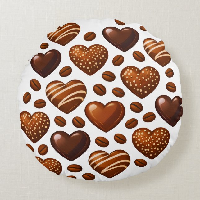 Cute Chocolate Hearts Pillow - Round Candy Love Rund Kudde (Framsidan)