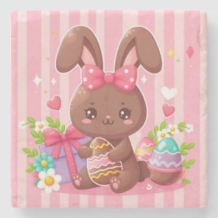 Cute Choklad Påskhare med rosa rand Stenunderlägg