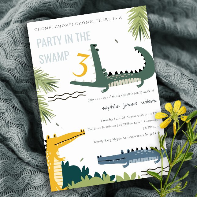 Cute Chomp Alligator Swamp oavsett ålder Barns föd Inbjudningar (Skapare uppladdad)