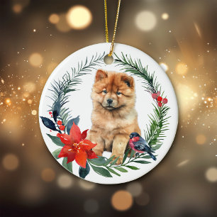 Cute Chow Puppy Watercolor Poinsettia Julgransprydnad Keramik