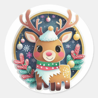 Cute Chrismas Reindeer Träd Gren Runt Klistermärke