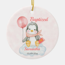 Cute Christening Baby Penguin Rosa Julgransprydnad Keramik