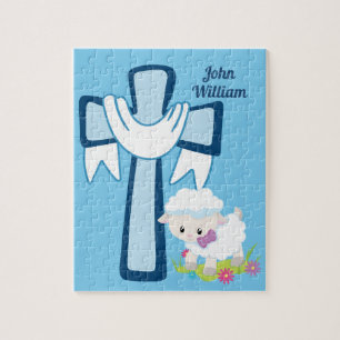 Cute Christian Little Boy Blue Lamb Kor Baptism Pussel
