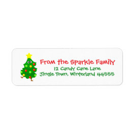 Cute Christmas Address Label with Fun Cartoon Tree Returadress Etikett