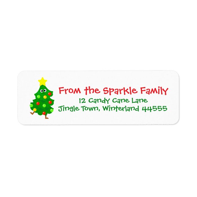 Cute Christmas Address Label with Fun Cartoon Tree Returadress Etikett (Framsidan)
