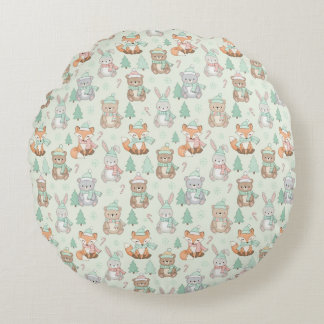 Cute Christmas Animals Seamless Pattern Rund Kudde