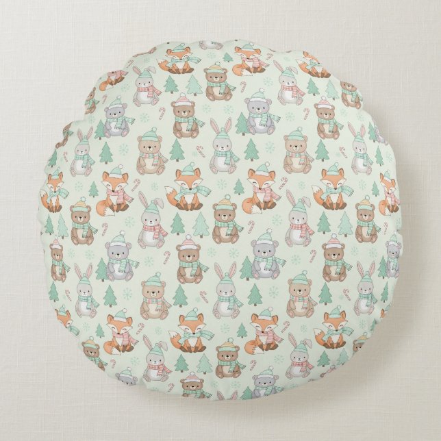 Cute Christmas Animals Seamless Pattern Rund Kudde (Framsidan)