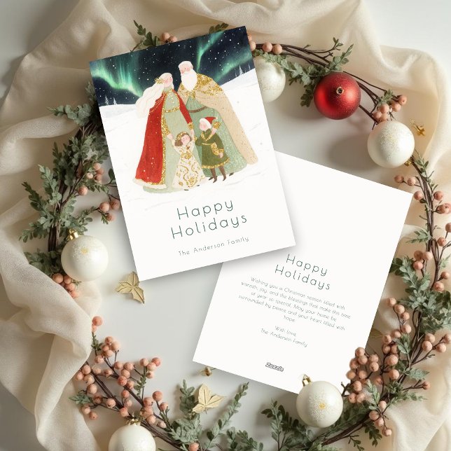 Cute Christmas Aurora Borealis Nordic Family Julkort (Cute Christmas Aurora Borealis Nordic Family Holiday Cards. )