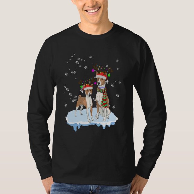 Cute Christmas Basenji Santa Hats Reindeer Dog T Shirt (Framsida)