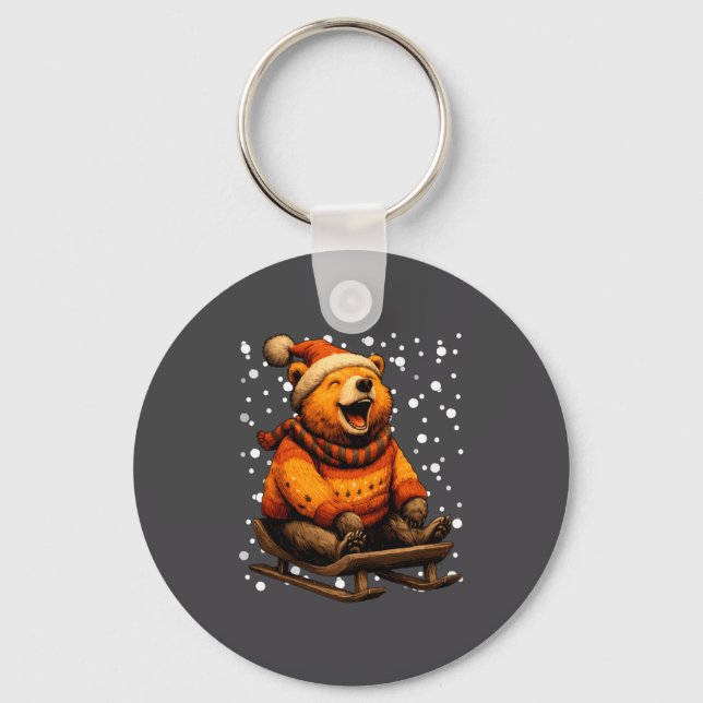 Cute Christmas Bear Sledding In Snow Funny Winter  Nyckelring (Framsida)