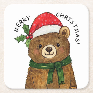 Cute christmas bear with santa hat underlägg papper kvadrat