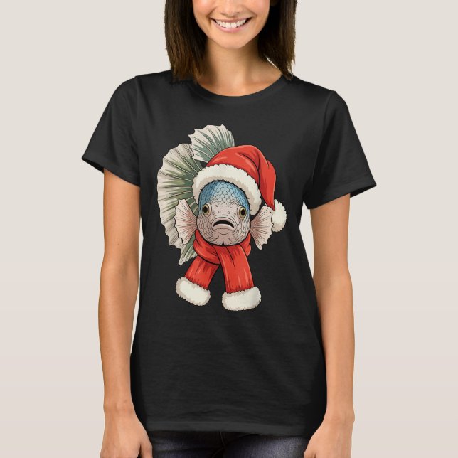 Cute Christmas Betta Fish Santa  T Shirt (Framsida)