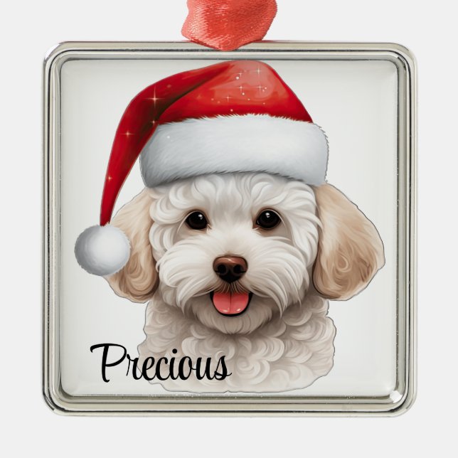 CUTE CHRISTMAS BICHON FRISE HUND AND SANTA HAT JULGRANSPRYDNAD METALL (Framsidan)