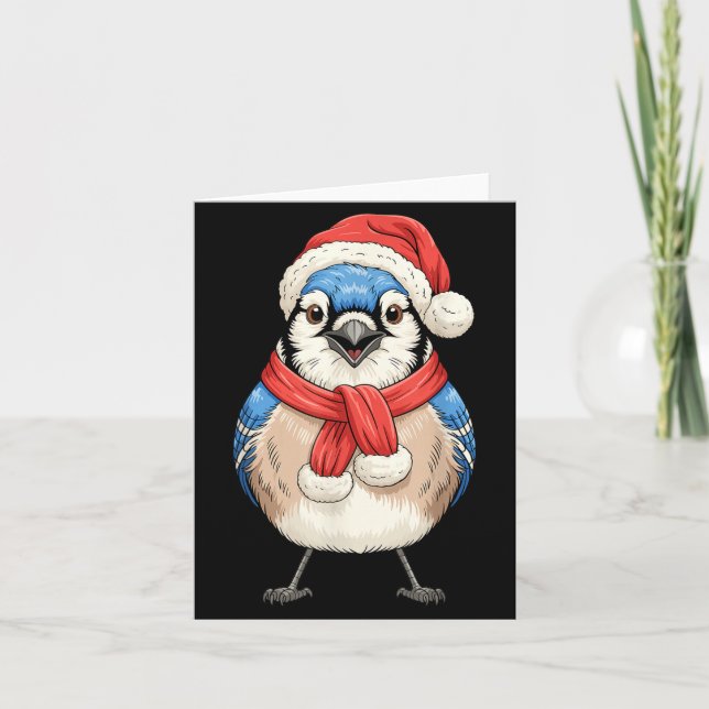 Cute Christmas Blue Jay Santa Bird Watching  Kort (Framsida)