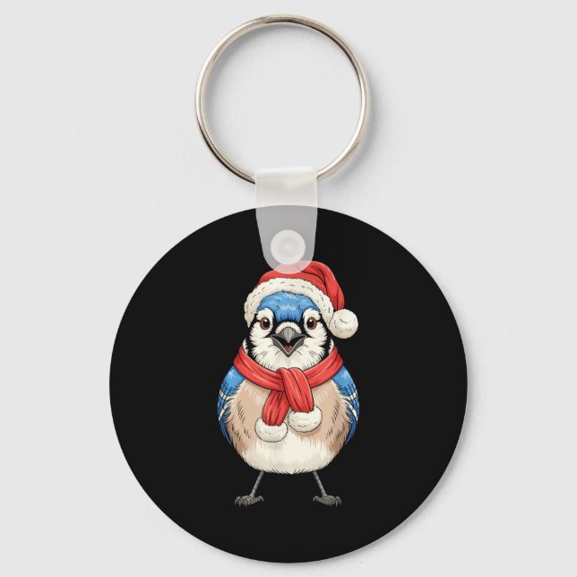 Cute Christmas Blue Jay Santa Bird Watching  Nyckelring (Framsida)