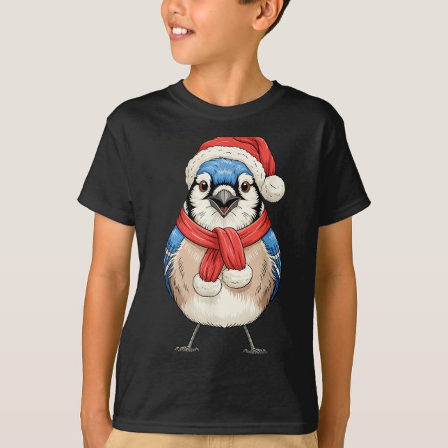 Cute Christmas Blue Jay Santa Bird Watching  T Shirt (Framsida)