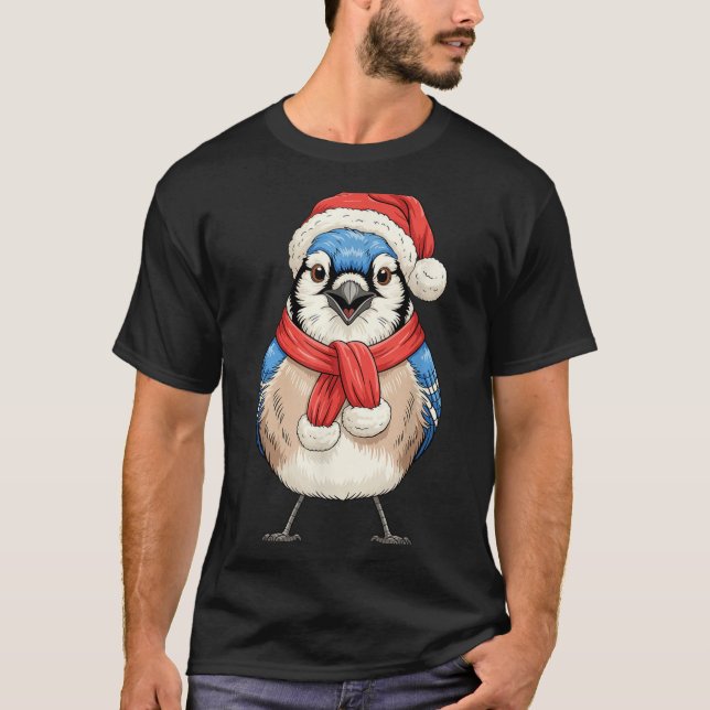 Cute Christmas Blue Jay Santa Bird Watching  T Shirt (Framsida)