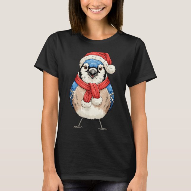 Cute Christmas Blue Jay Santa Bird Watching  T Shirt (Framsida)