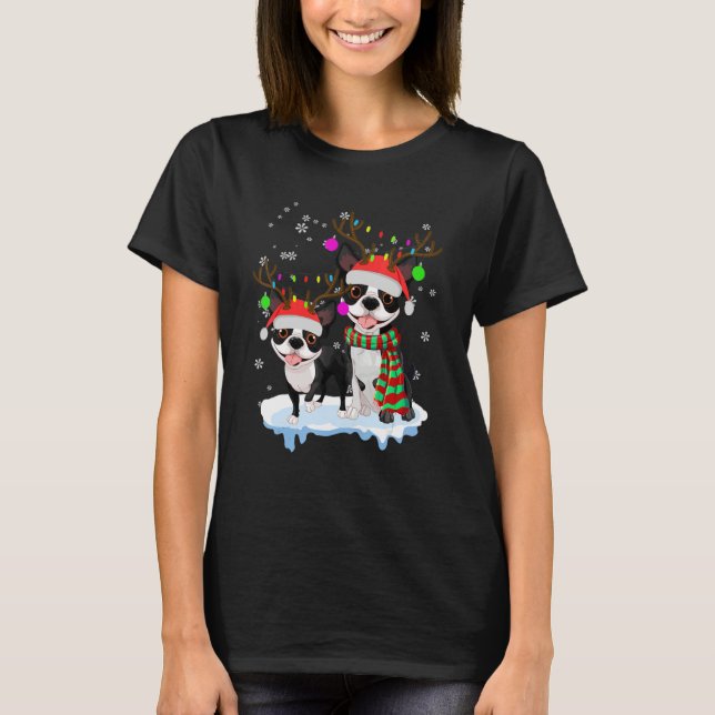 Cute Christmas Boston Terrier Santa Hats Reindeer  T Shirt (Framsida)