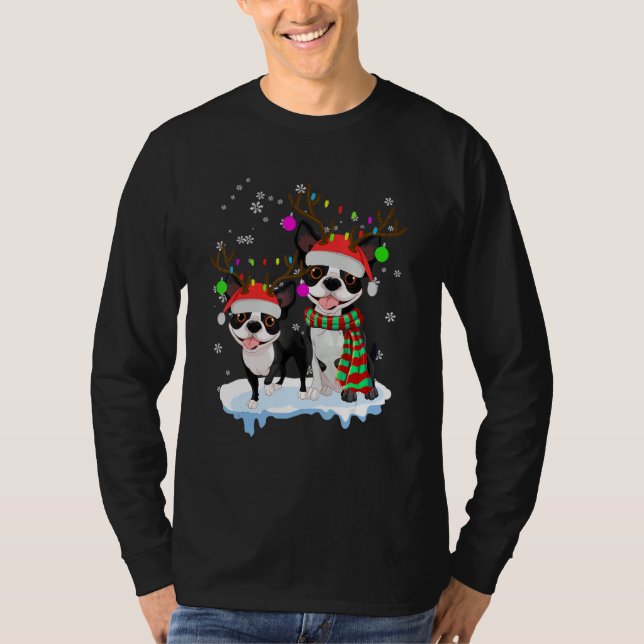 Cute Christmas Boston Terrier Santa Hats Reindeer  T Shirt (Framsida)
