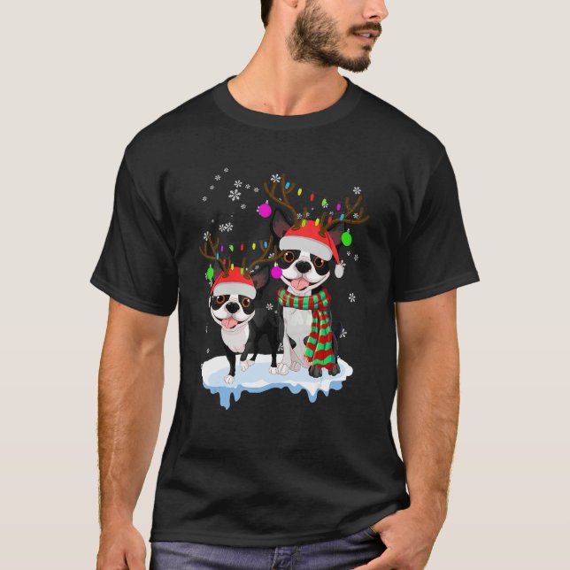 Cute Christmas Boston Terrier Santa Hats Reindeer  T Shirt (Framsida)