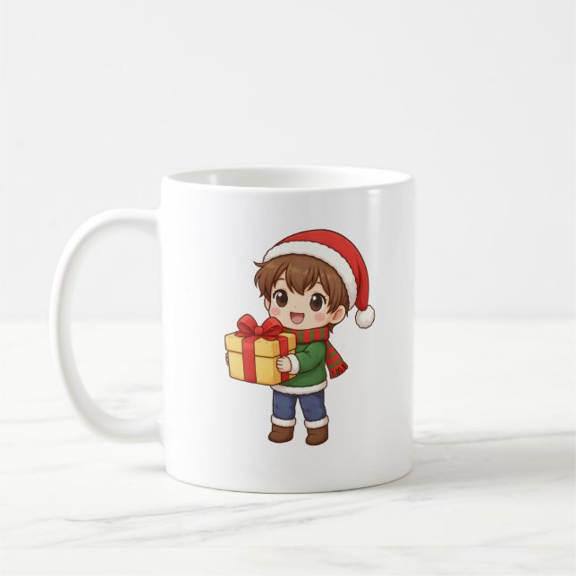 Cute Christmas Boy Holding Gift Mug Kaffemugg (Vänster)