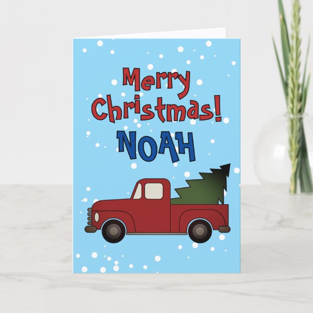 Cute Christmas card for kids. Red truck with tree Helgkort (Framsida)