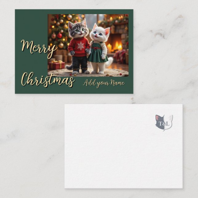 Cute Christmas Card – Tom & Luna Fireplace Scene Anteckningskort (Fram/baksida)