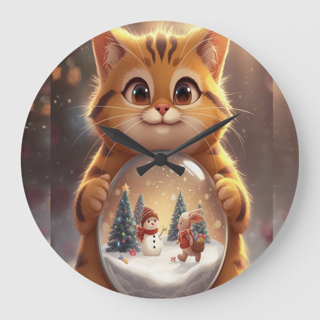 Cute Christmas Cat Holding Snow Globe Art Stor Klocka (Framsida)