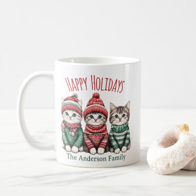 Cute Christmas Cat Mug | Custom Family Name Kaffemugg (Med munk)