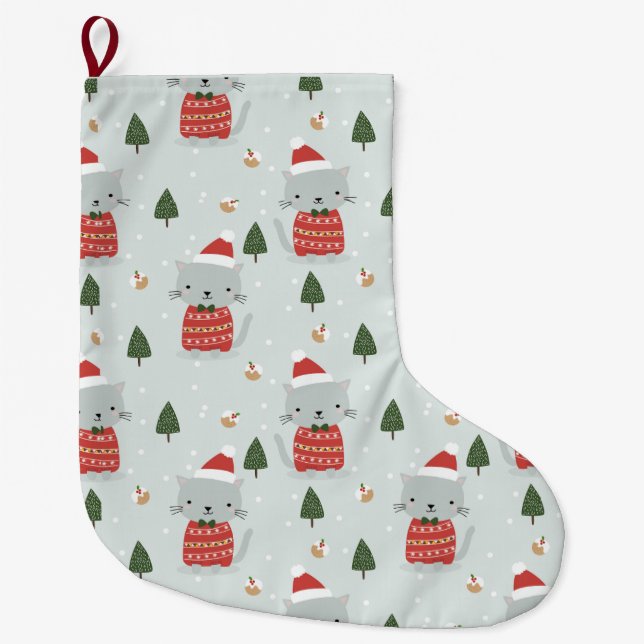 Cute Christmas Cat Pattern – Festive Holiday  Stor Julstrumpa (Framsidan)