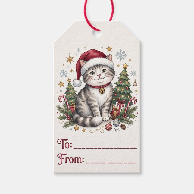  Cute Christmas Cat Santa Hat Presentetikett (Framsidan)