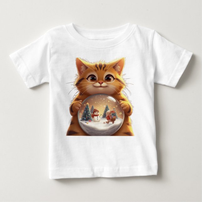 Cute Christmas Cat Snow Globe Baby T-Shirt (Framsida)