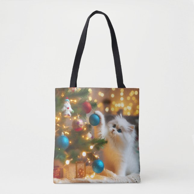 Cute Christmas Cat Tote Bag Tygkasse (Framsida)