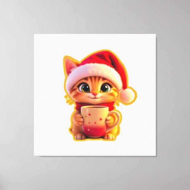 **Cute Christmas Cat with Santa Hat – Funny Holida Canvastryck (Framsida)