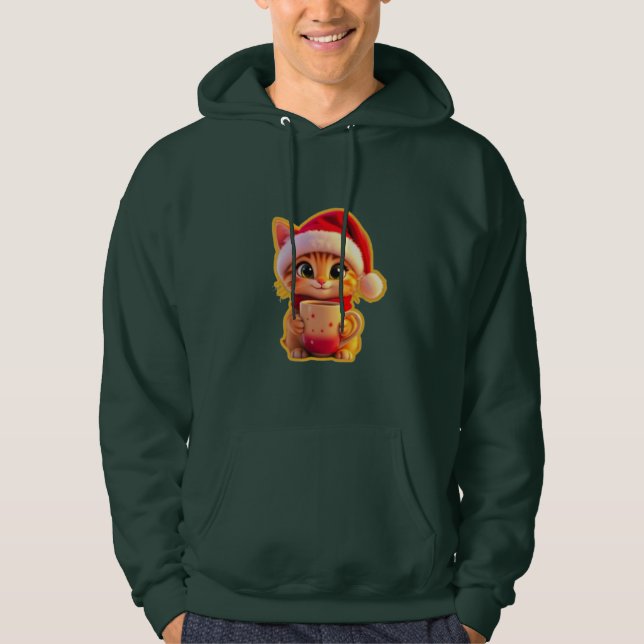 **Cute Christmas Cat with Santa Hat – Funny Holida Hoodie (Framsida)