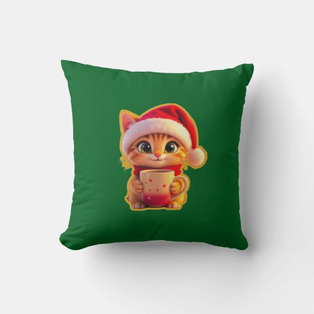 **Cute Christmas Cat with Santa Hat – Funny Holida Kudde (Framsida)