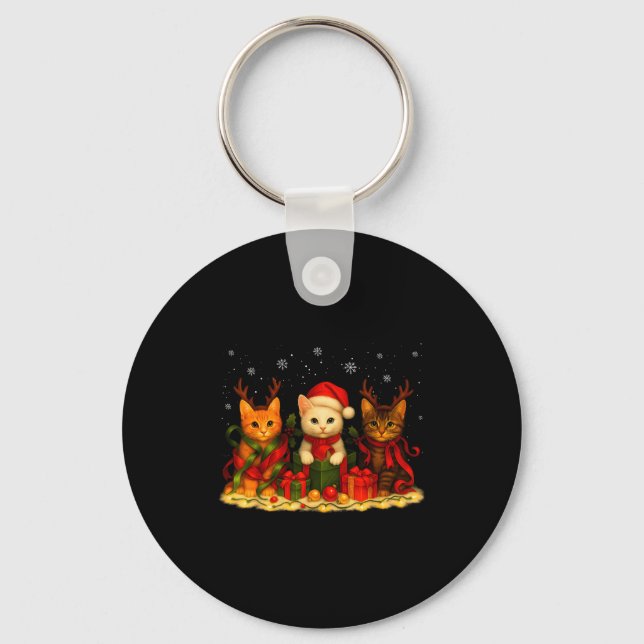 Cute Christmas Cat Xmas Lights Santa Reindeer Cat  Nyckelring (Framsida)