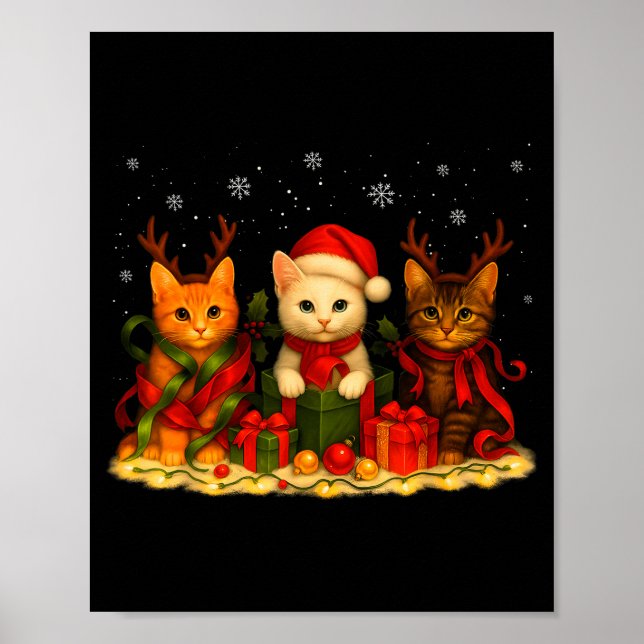 Cute Christmas Cat Xmas Lights Santa Reindeer Cat  Poster (Framsidan)