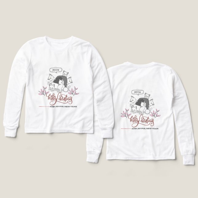 Cute Christmas Cats “Meow” Holiday Design T Shirt (Design framsida och baksida)