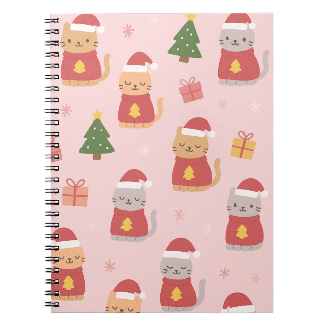 Cute Christmas Cats Pattern – Pink Holiday Design Anteckningsbok (Framsidan)