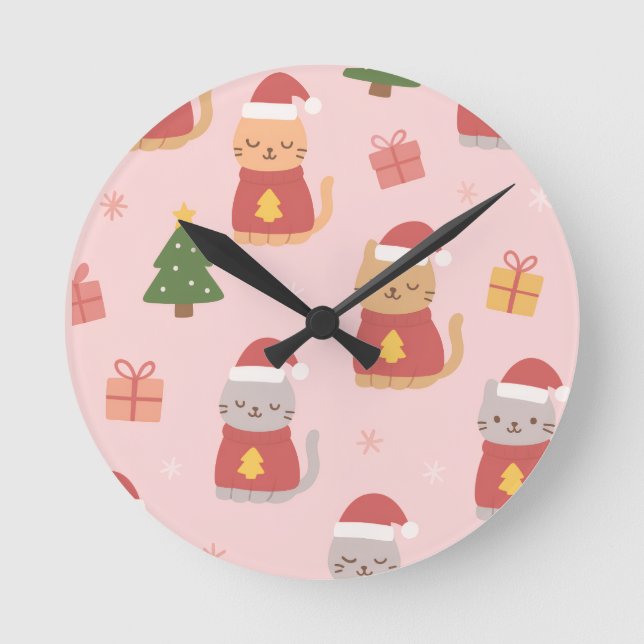 Cute Christmas Cats Pattern – Pink Holiday Design Rund Klocka (Framsida)