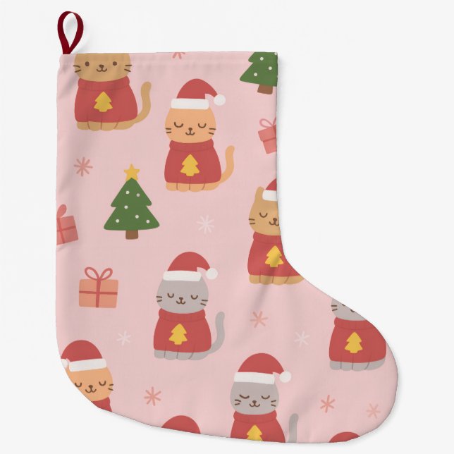 Cute Christmas Cats Pattern – Pink Holiday Design Stor Julstrumpa (Framsidan)