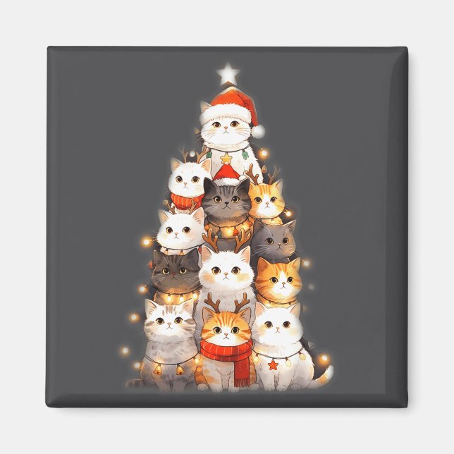 Cute Christmas Cats Tree Lights Holiday Kittens Il Magnet (Framsidan)